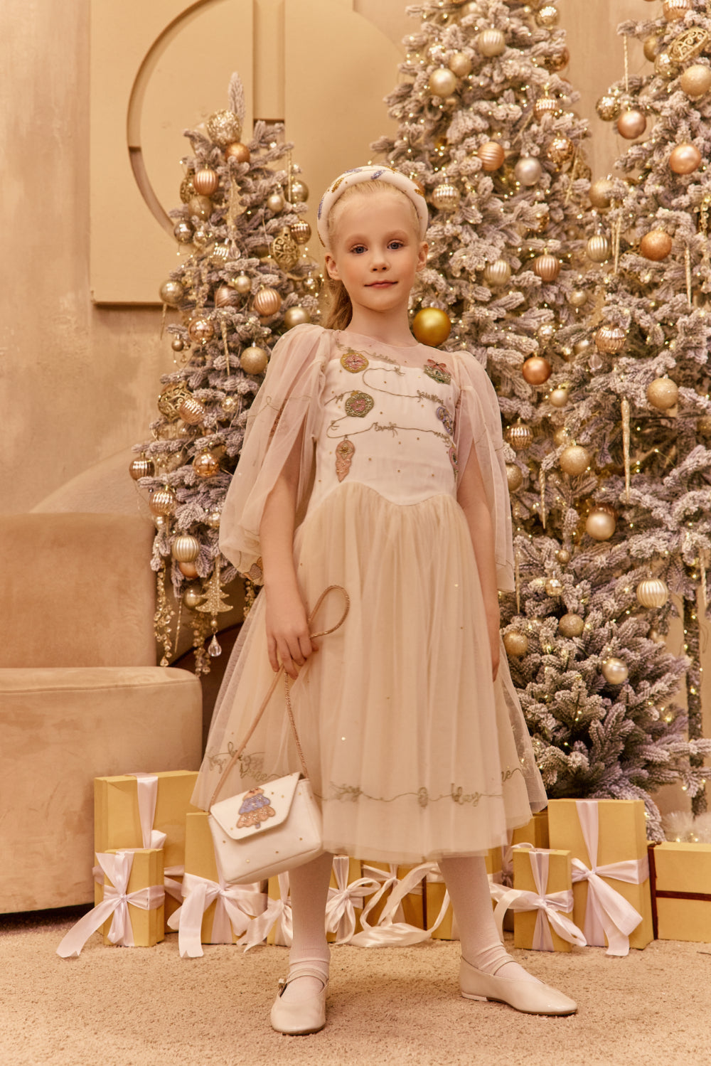 Ivory hand-embroidered Christmas tulle dress