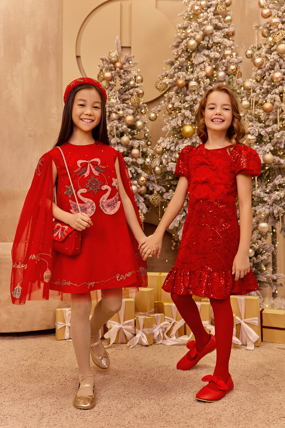 Red tulle hand-embroidered Christmas dress with tulle cape sleeves