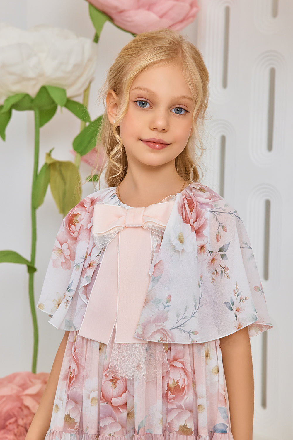 White and pink ombrè floral print chiffon dress with pink velvet bow