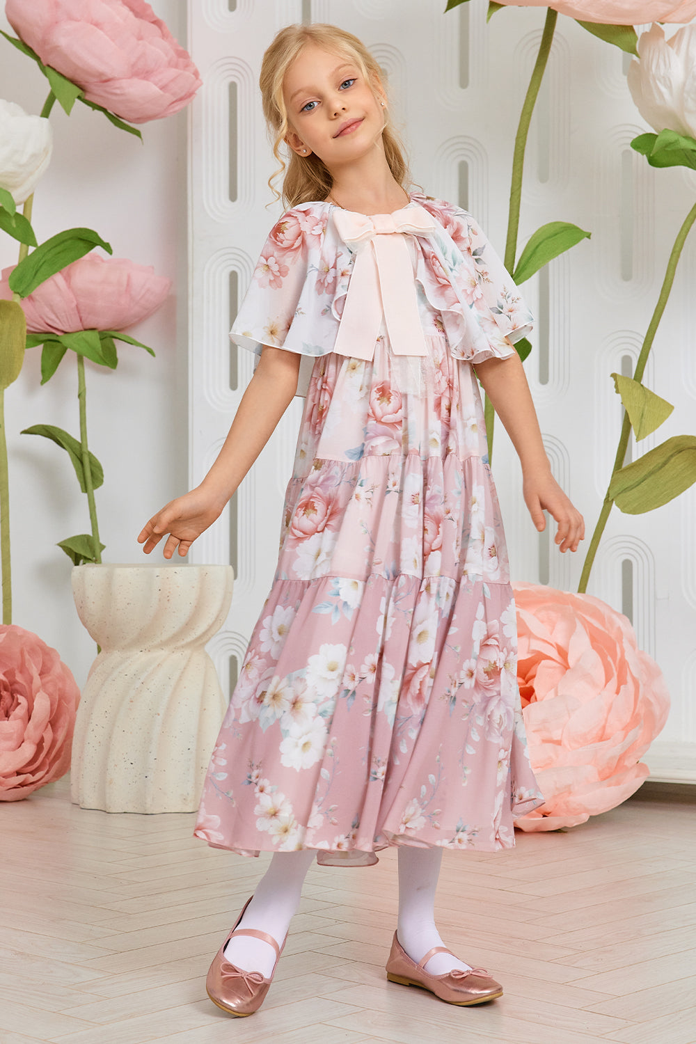 White and pink ombrè floral print chiffon dress with pink velvet bow