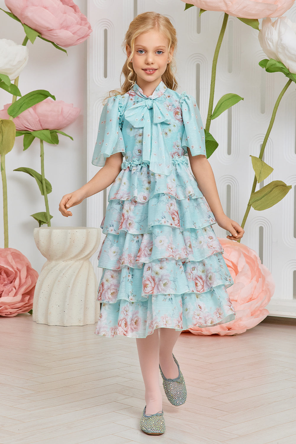 Mint floral chiffon dress with pussy bow