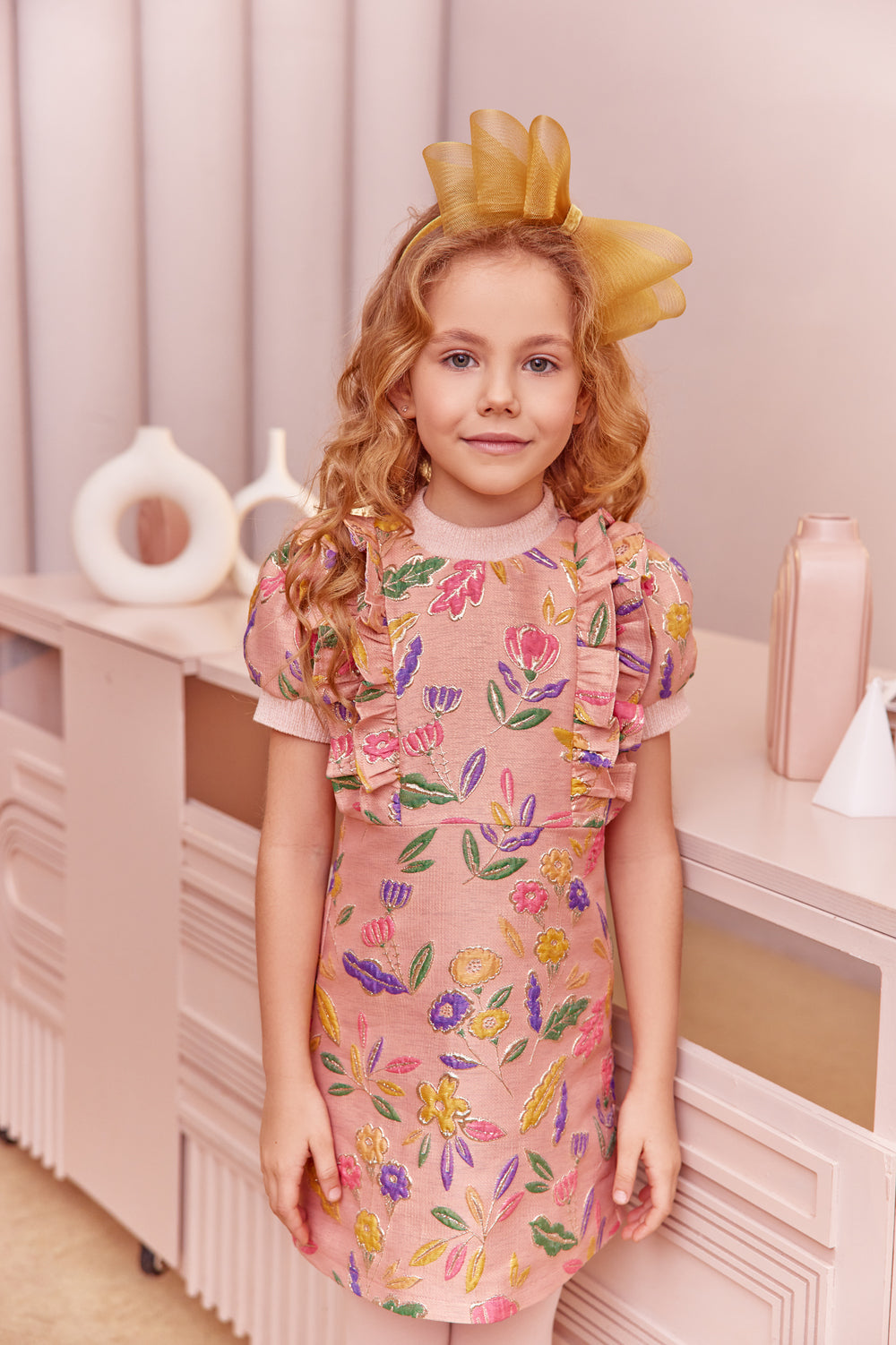 Pink foral jacquard A-line dress with frills