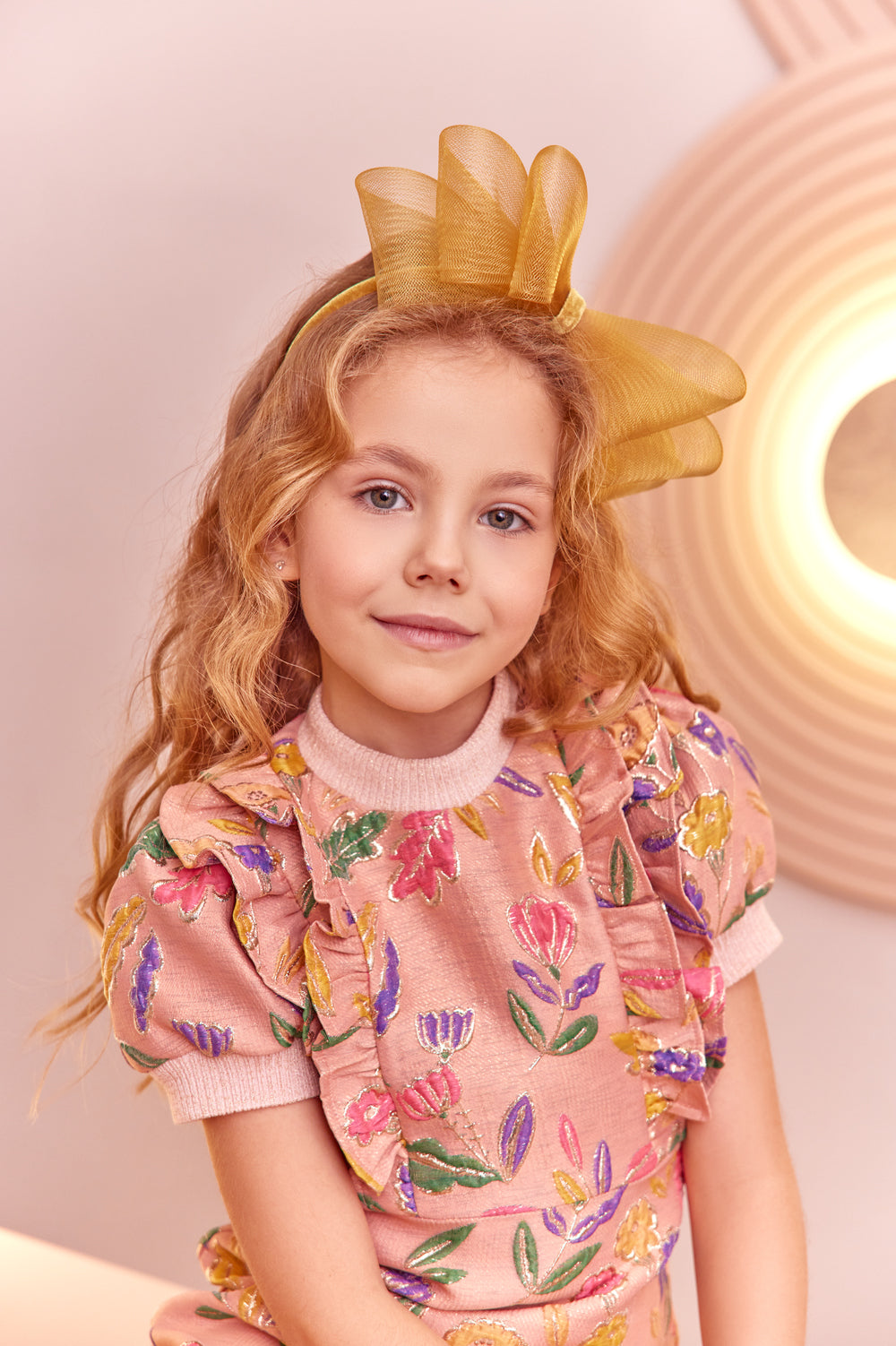 Pink foral jacquard A-line dress with frills