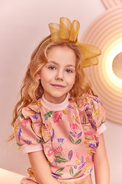 Pink foral jacquard A-line dress with frills