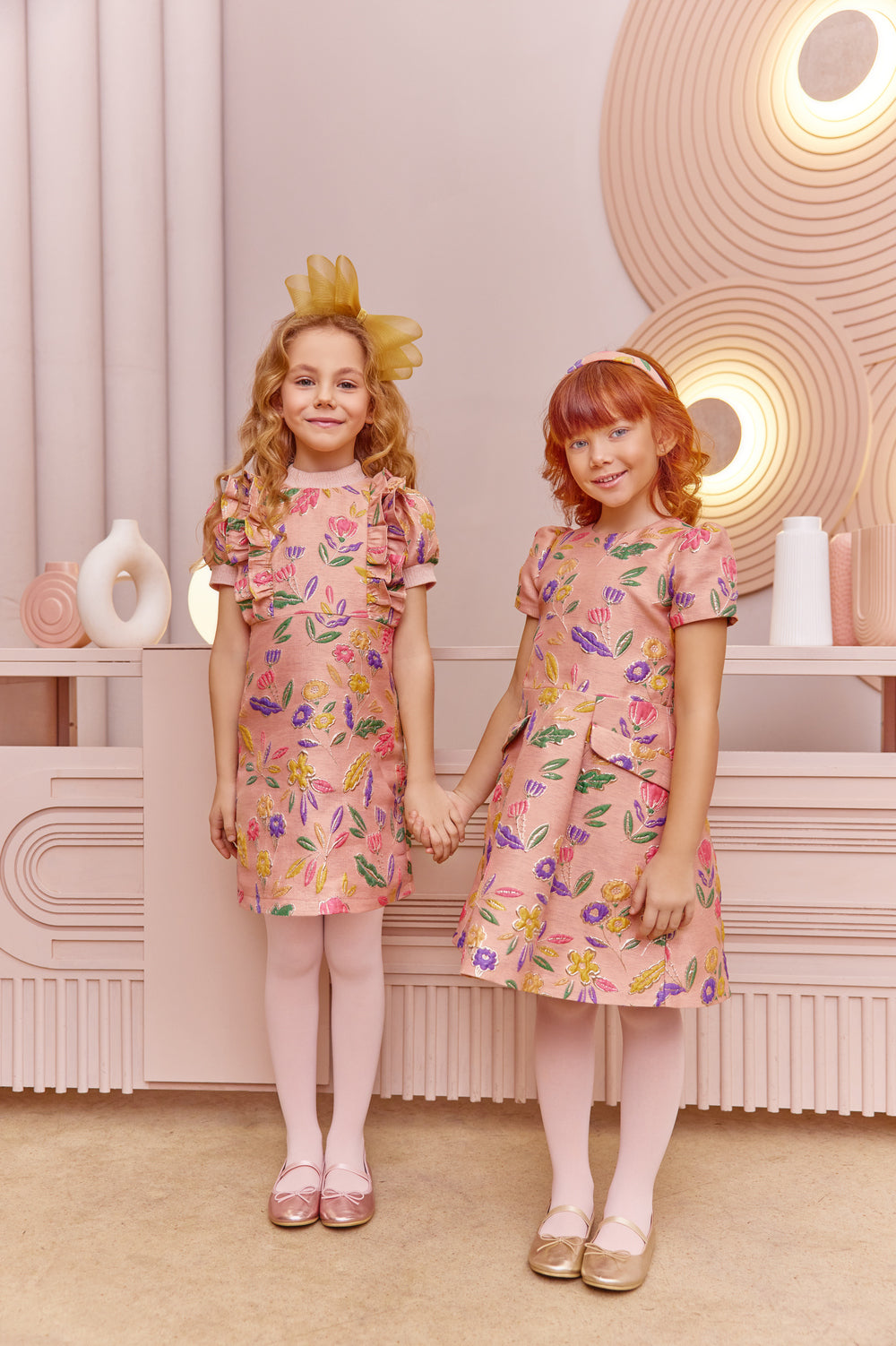 Pink foral jacquard A-line dress with frills