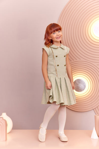 Light green tweed dress with gold fringes and pleated skirt