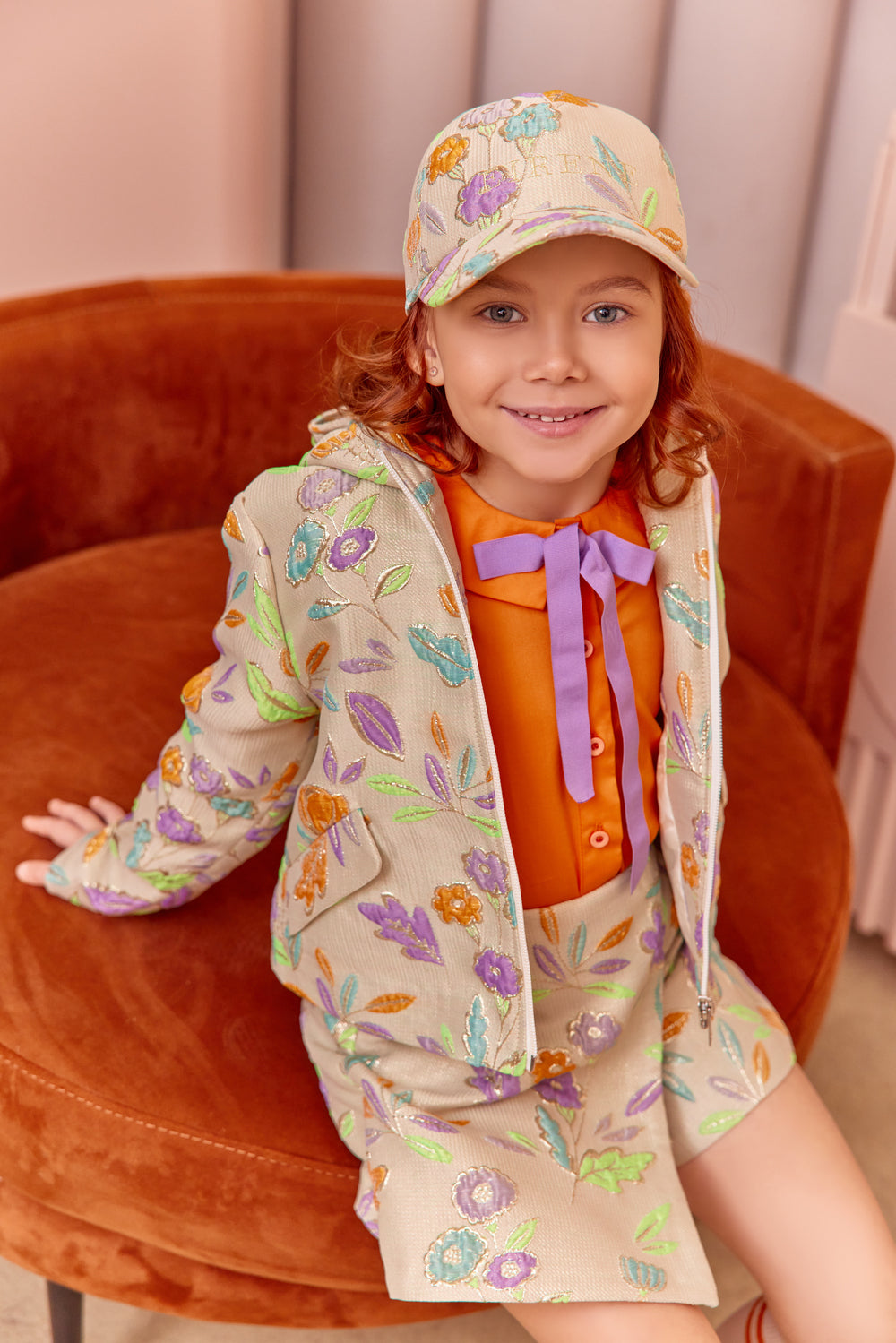 Orange satin cotton shirt with purple bow