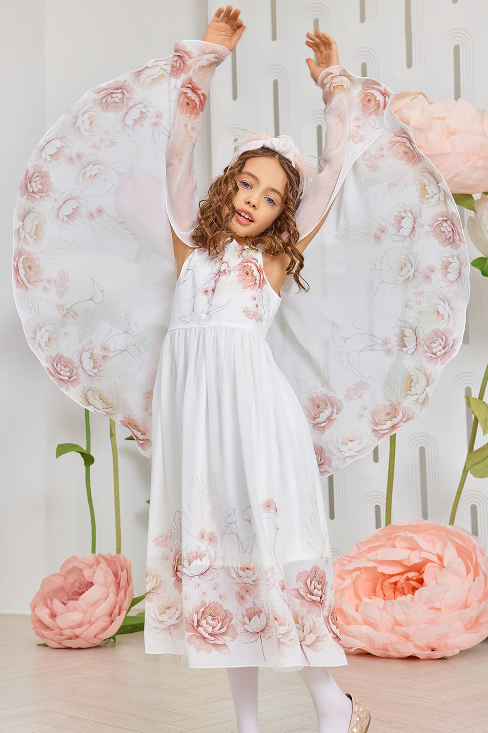 Off-white floral chiffon dress with hand-embellished front and cape sleeves