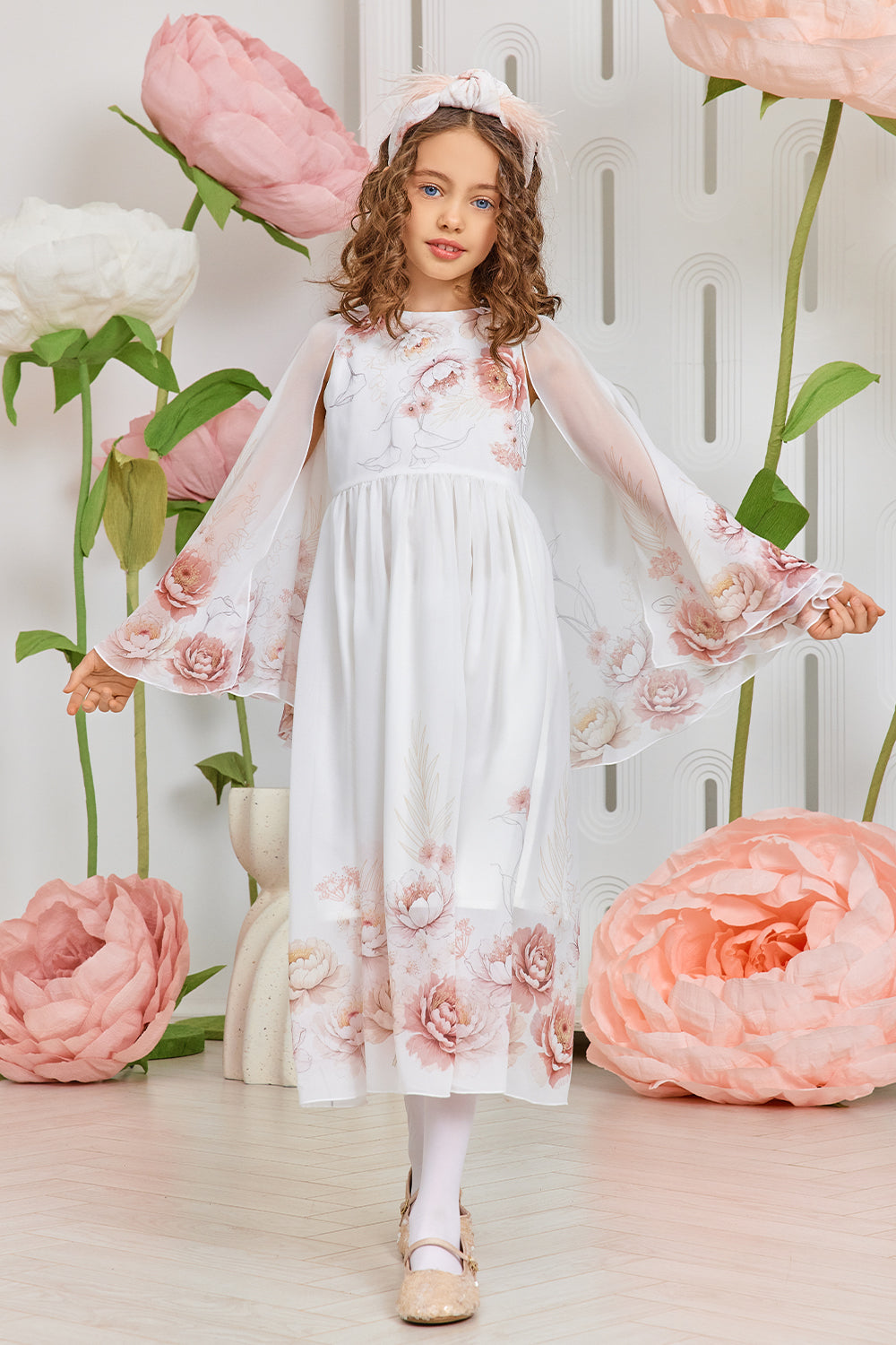 Off-white floral chiffon dress with hand-embellished front and cape sleeves