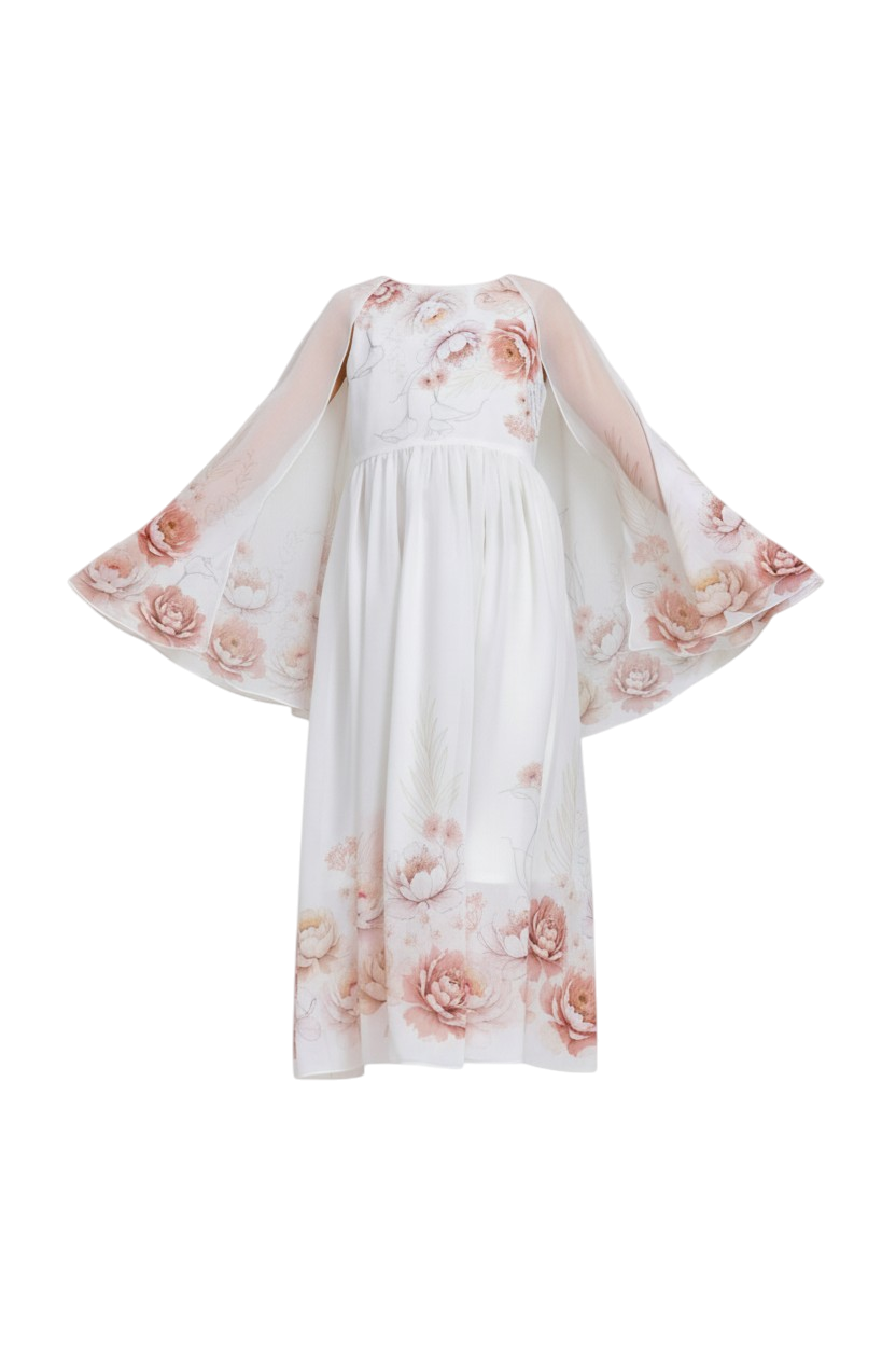 Off-white floral chiffon dress with hand-embellished front and cape sl Off-white floral chiffon dress with hand-embellished front and cape sl