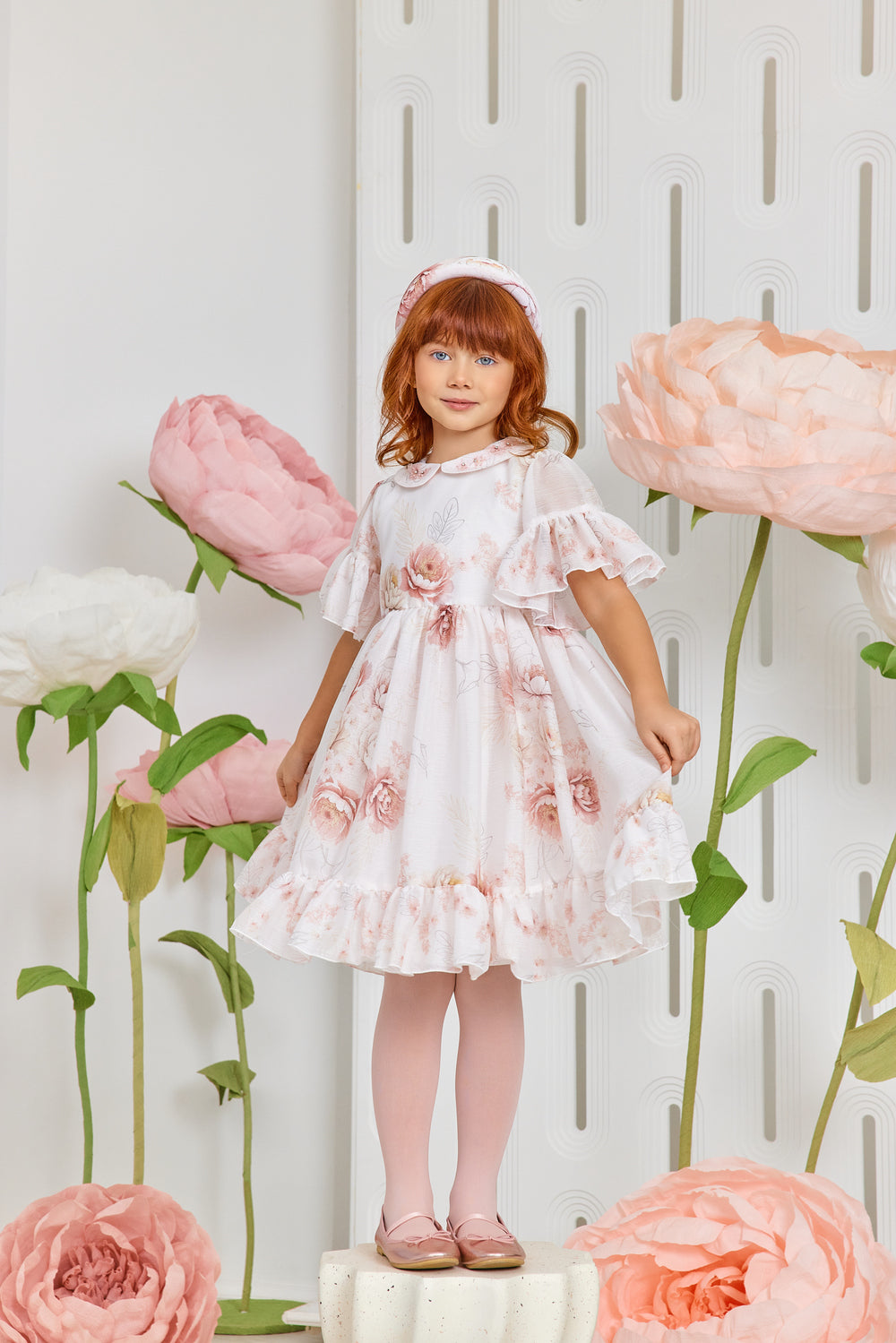 Off-white shimmering floral chiffon dress with hand-embellished collar