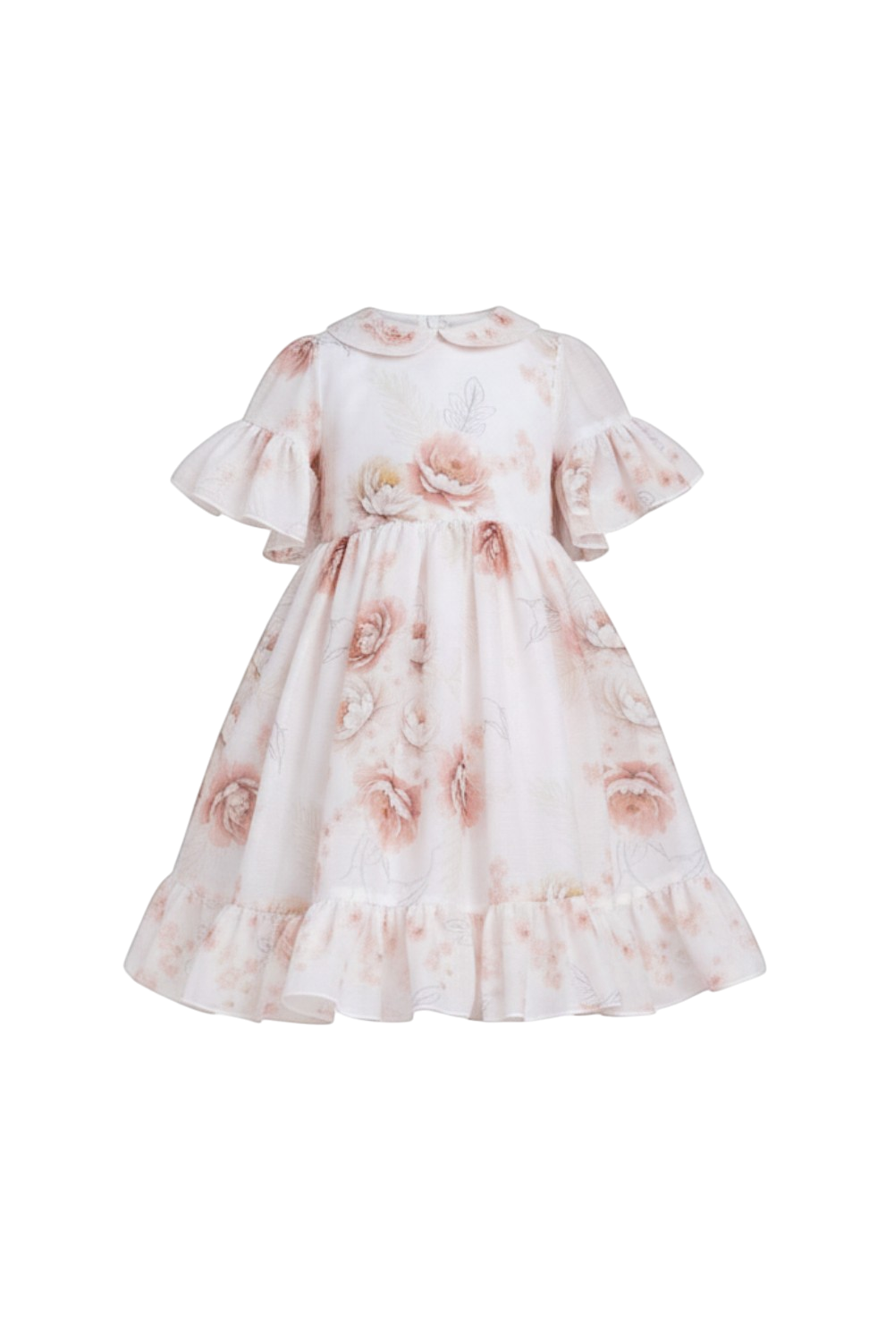 Off-white shimmering floral chiffon dress with hand-embellished collar