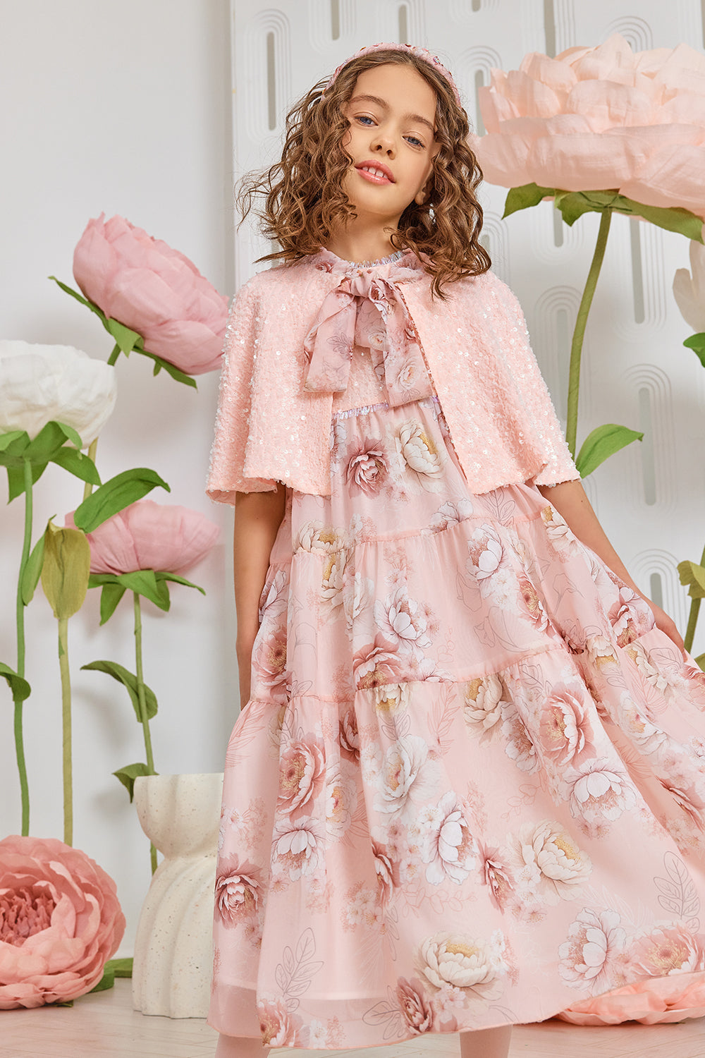 Pink glittery sequins cape with printed floral bow