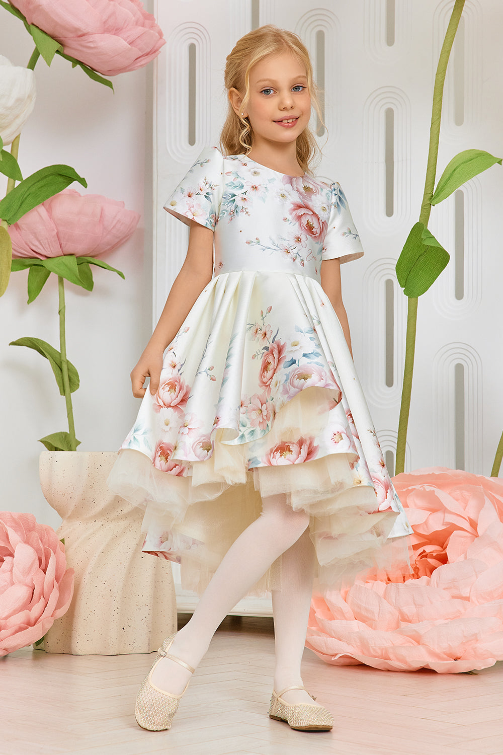 Off-white floral asymmetrical tulle dress with hand-embellished front