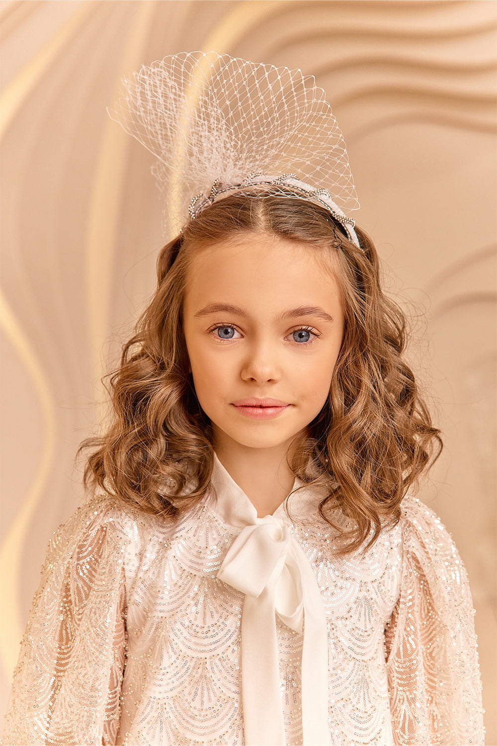 White sequins and beads lace dress with pussy bow