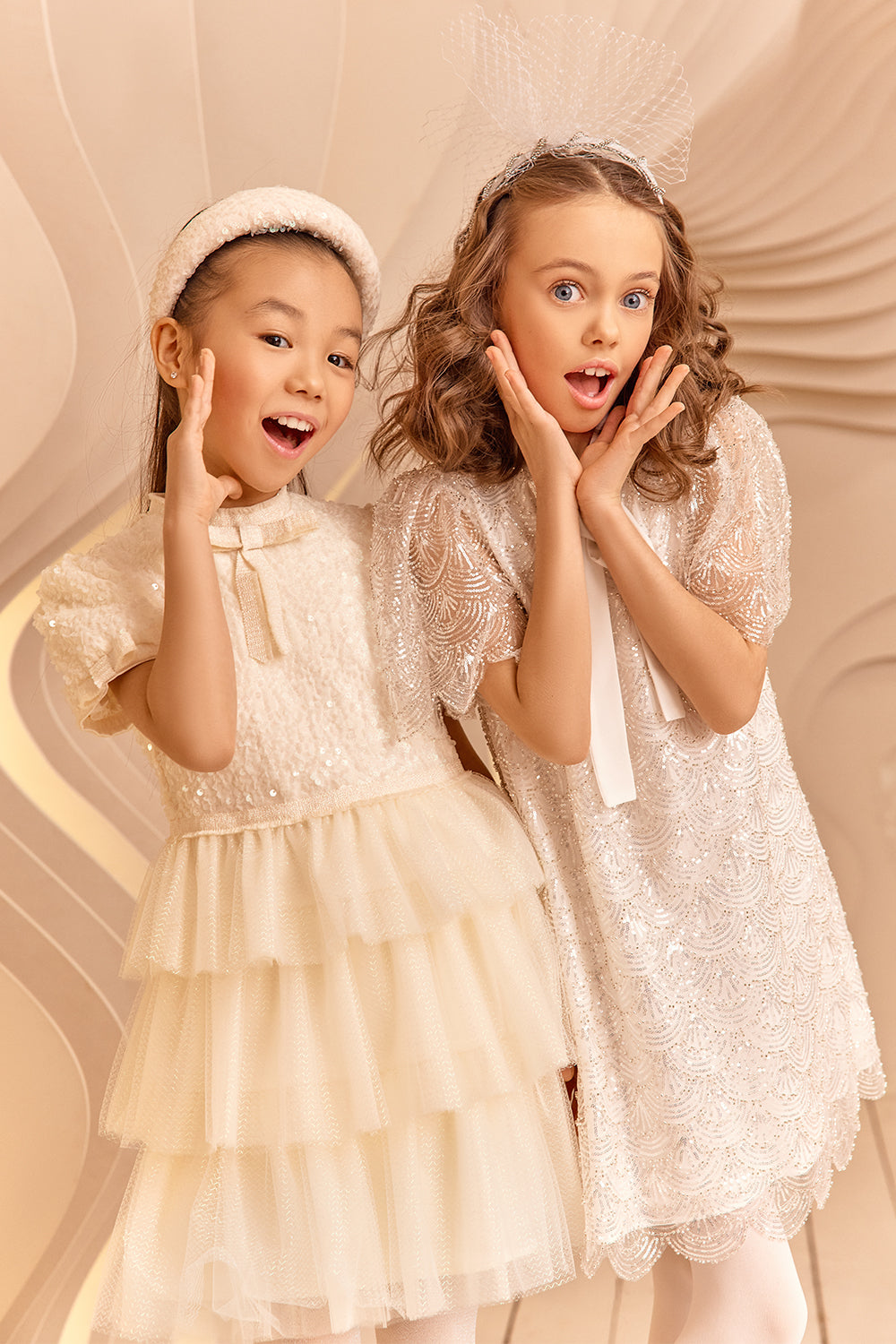 White sequins and beads lace dress with pussy bow