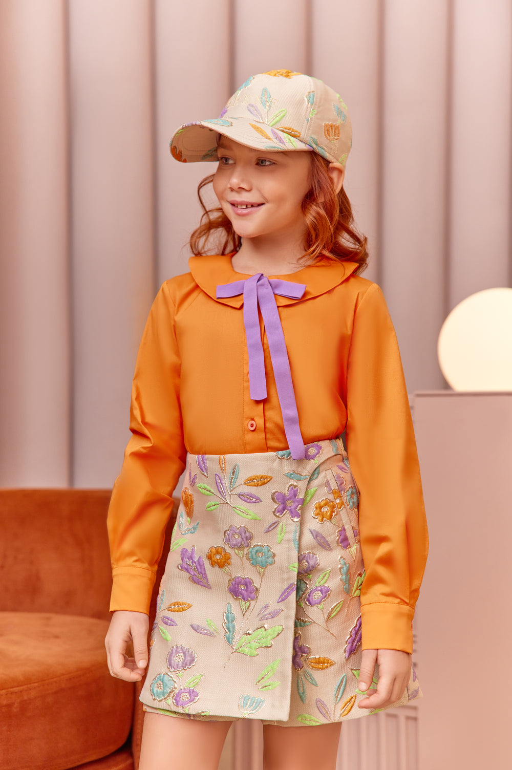 Orange satin cotton shirt with purple bow