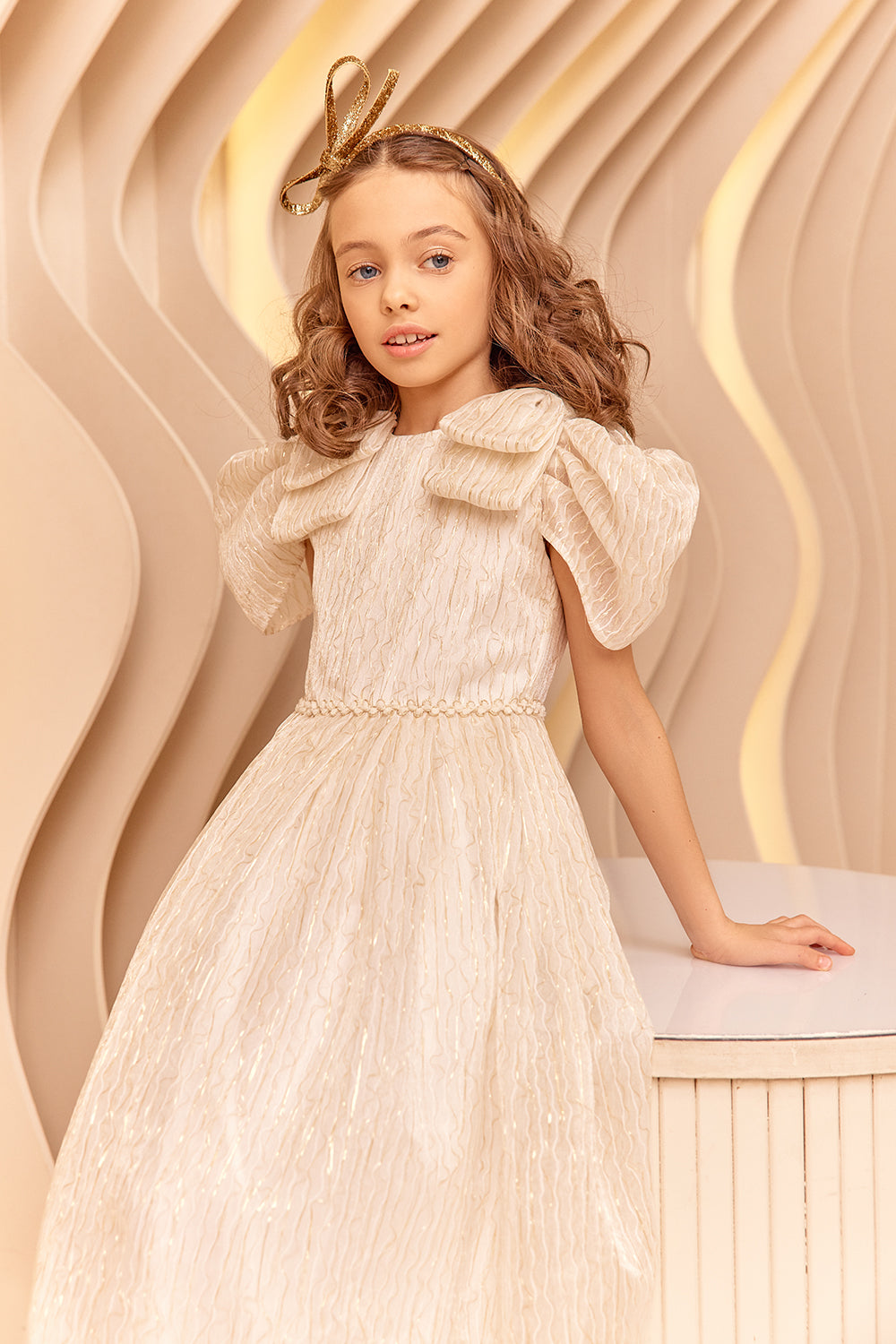 Ivory and gold threads dress with shoulder bows