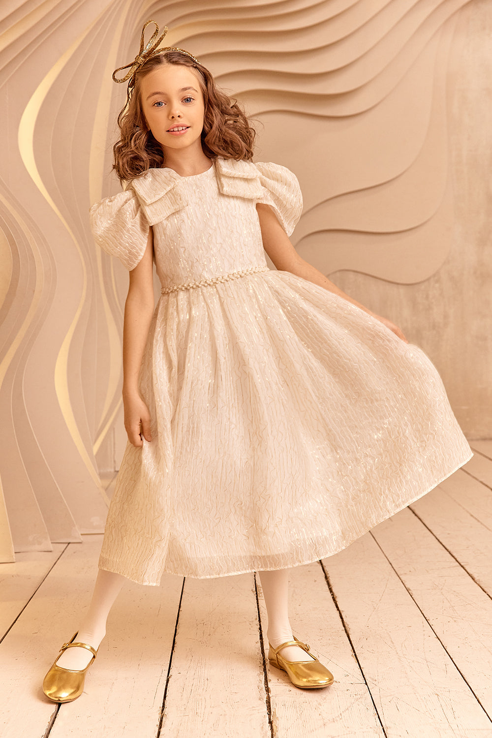 Ivory and gold threads dress with shoulder bows