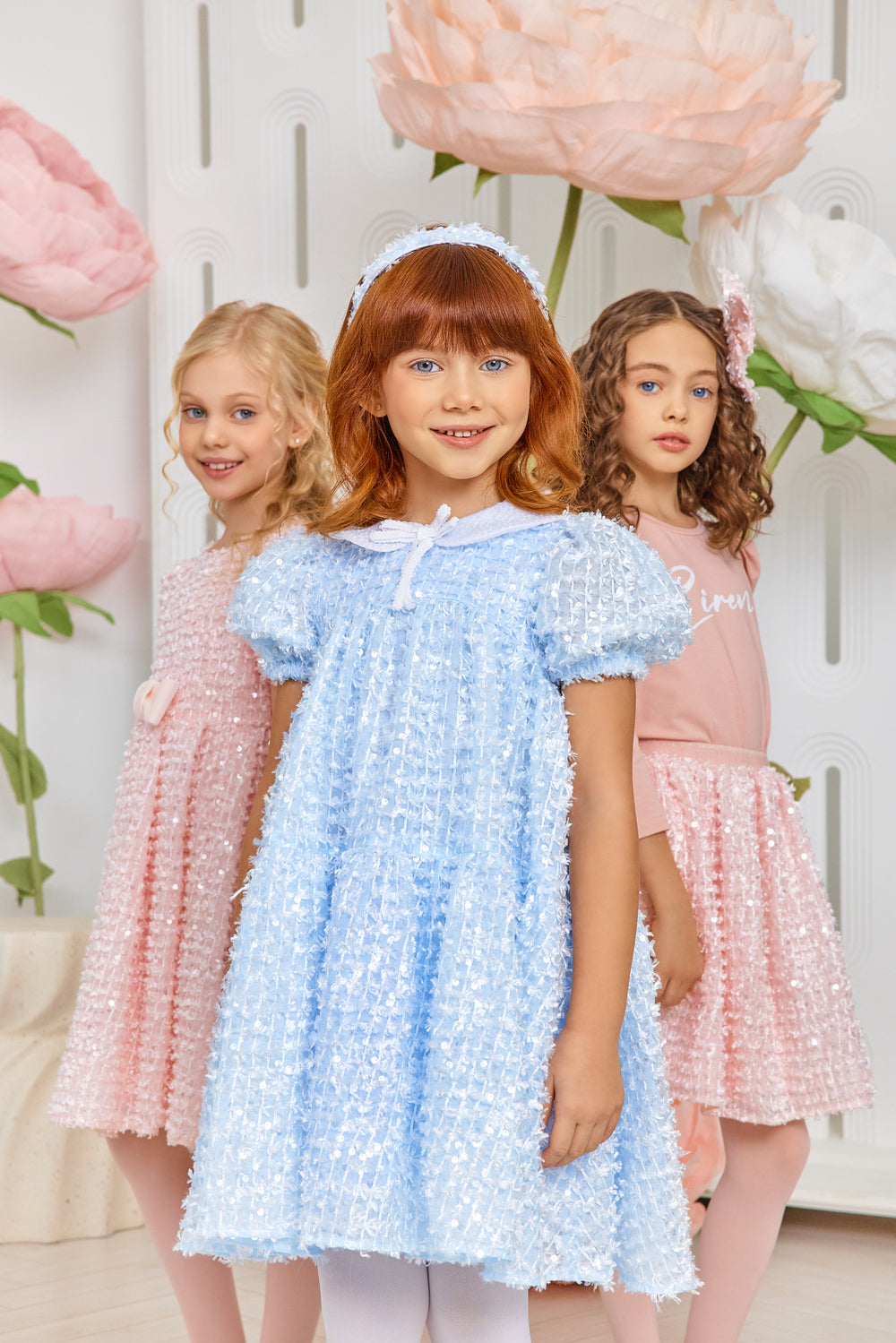 Blue sequin dress with collar and bow