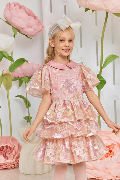Layered pink and ivory sequin floral lace dress with pink collar
