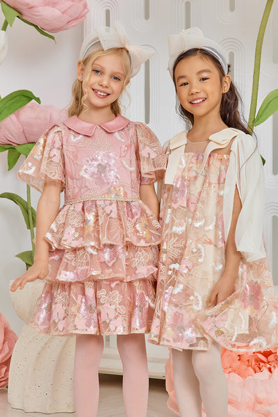 Layered pink and ivory sequin floral lace dress with pink collar