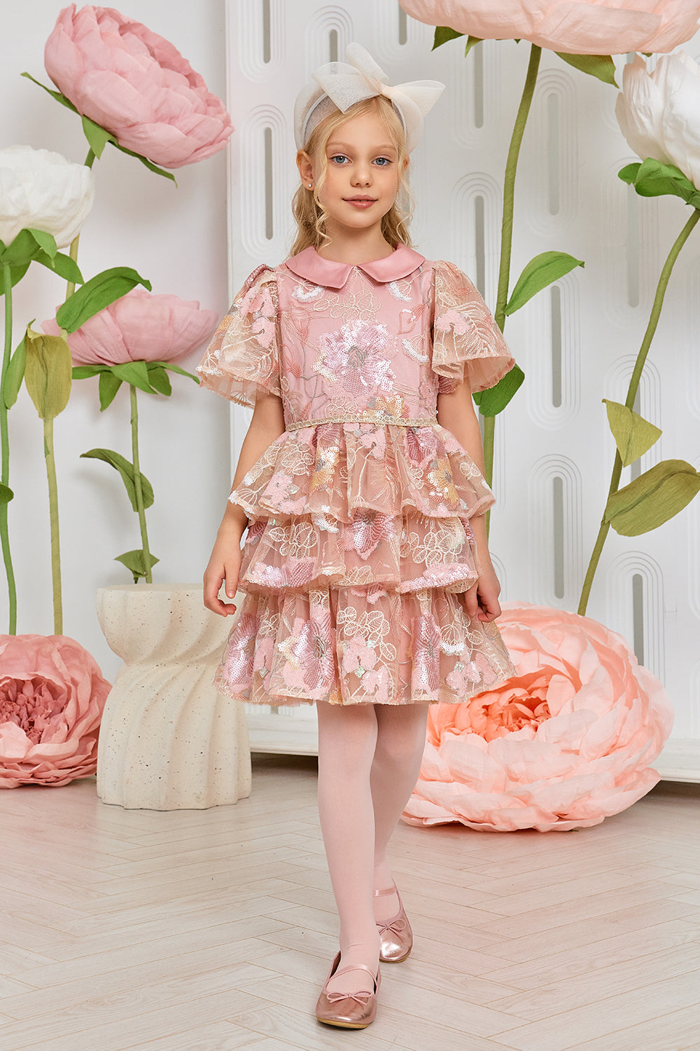 Layered pink and ivory sequin floral lace dress with pink collar