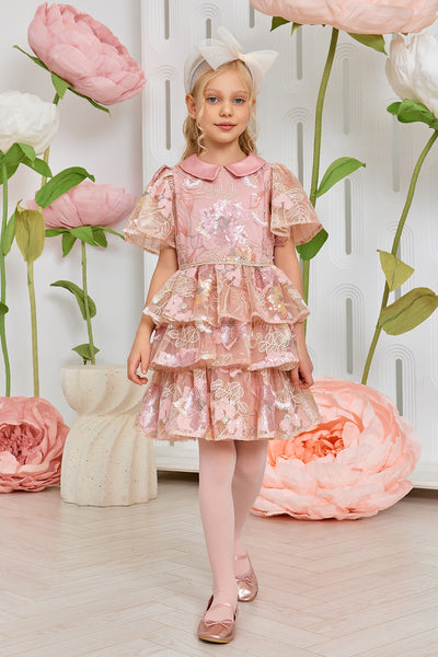 Layered pink and ivory sequin floral lace dress with pink collar