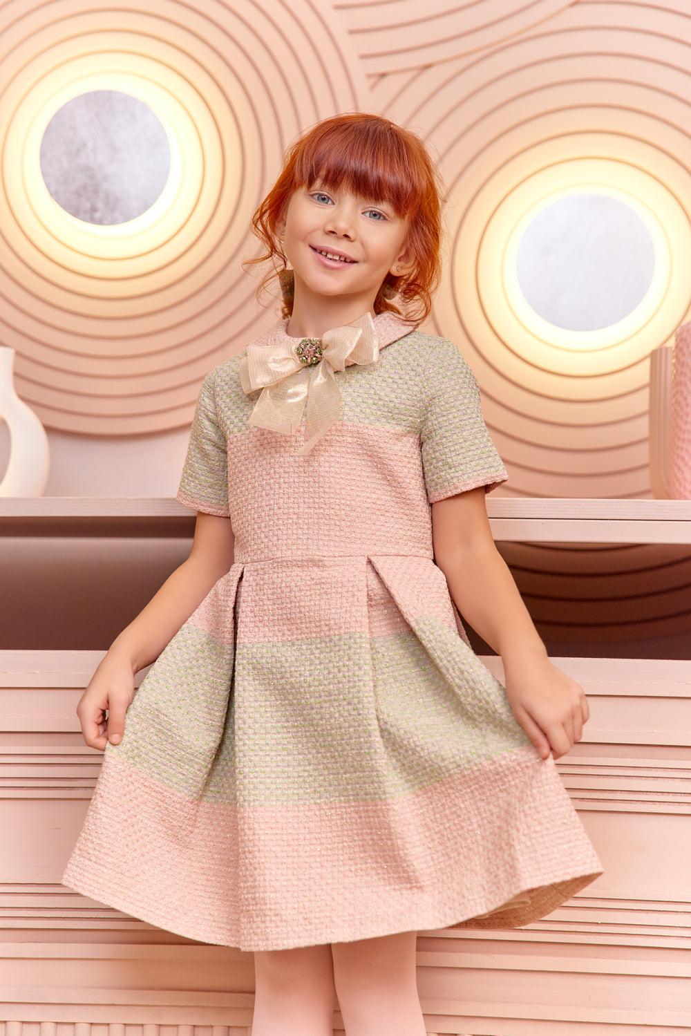 Pink and light green tweed dress with golden bow with matching Swarovski button