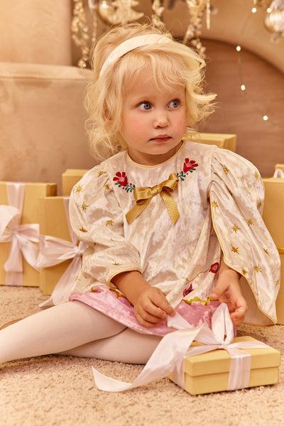 Ivory and pink velvet Christmas baby dress with matching knickers