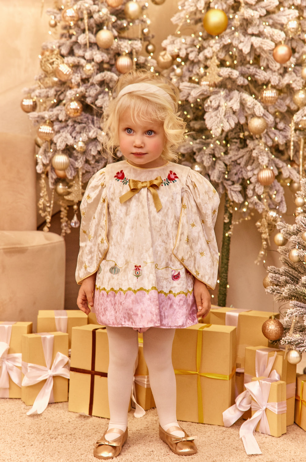 Ivory and pink velvet Christmas baby dress with matching knickers