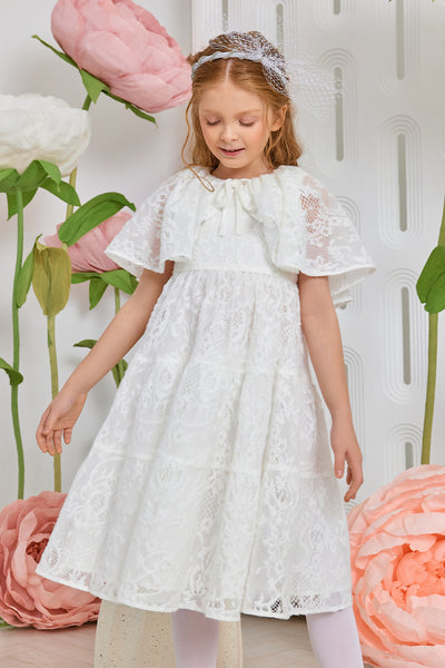White soft floral lace cape dress with velvet bow
