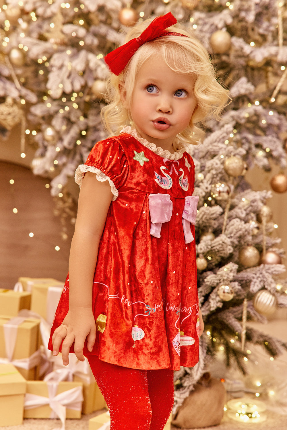 Red velvet Christmas dress with pink bow with matching knickers