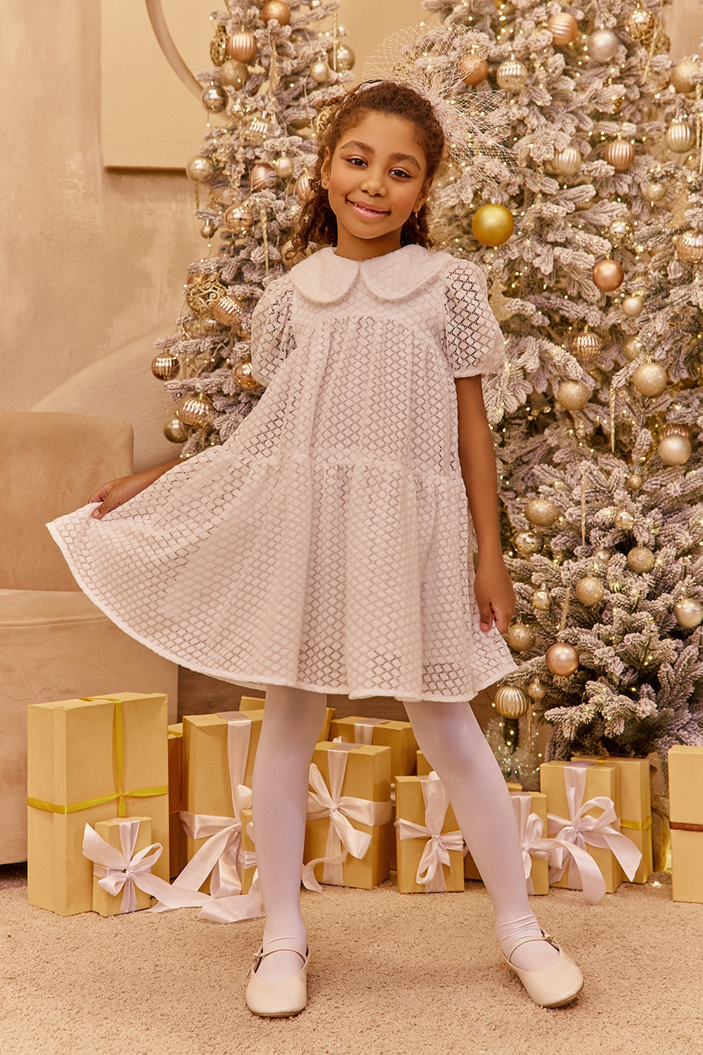 White dots soft lace dress with collar