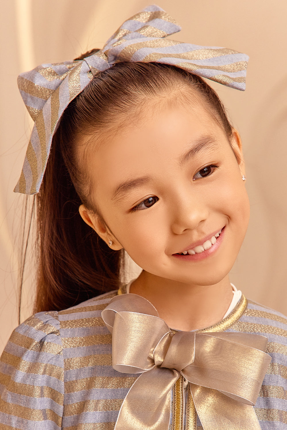 Denim and gold striped hair bow