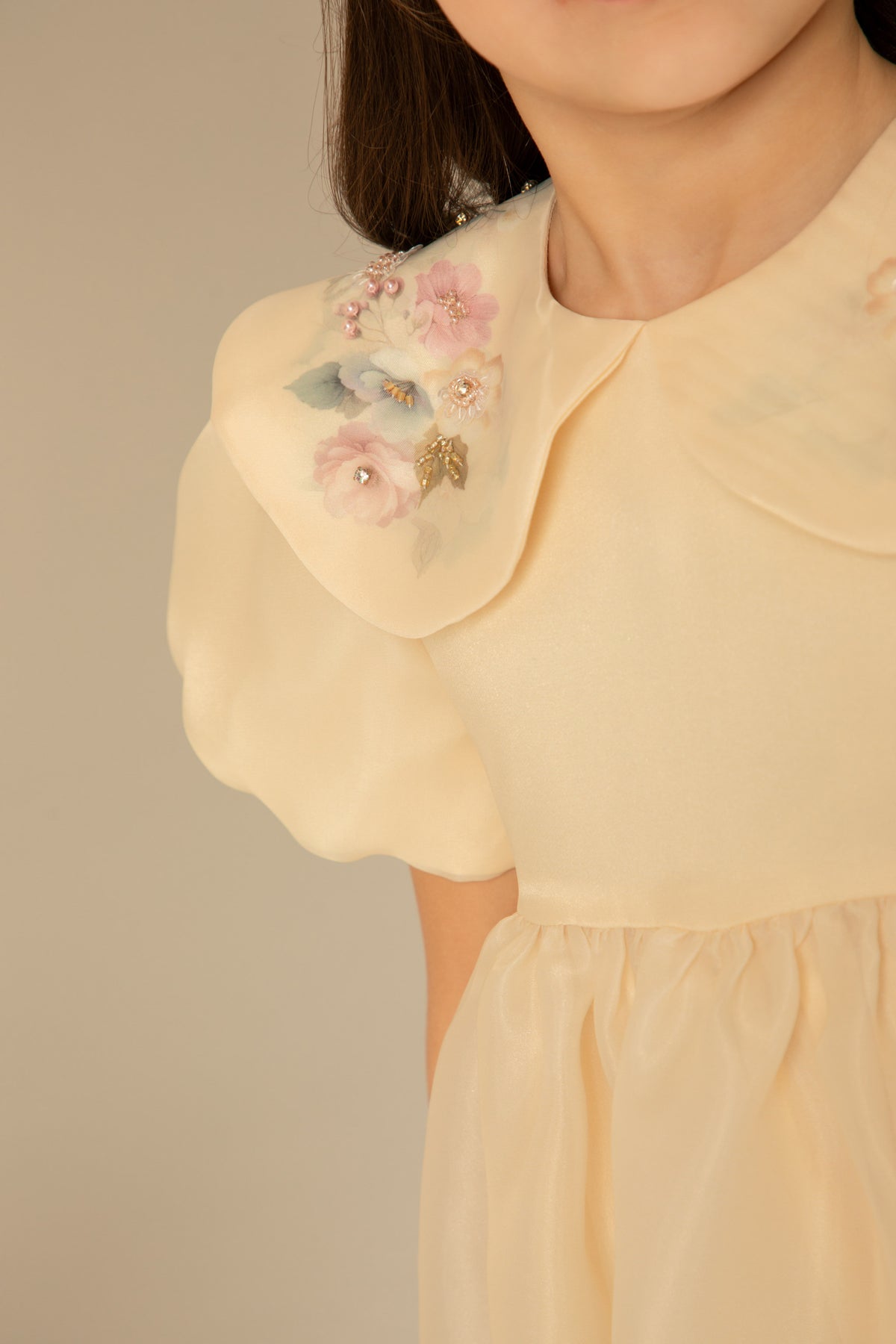 Close view of the hand-embellished collar