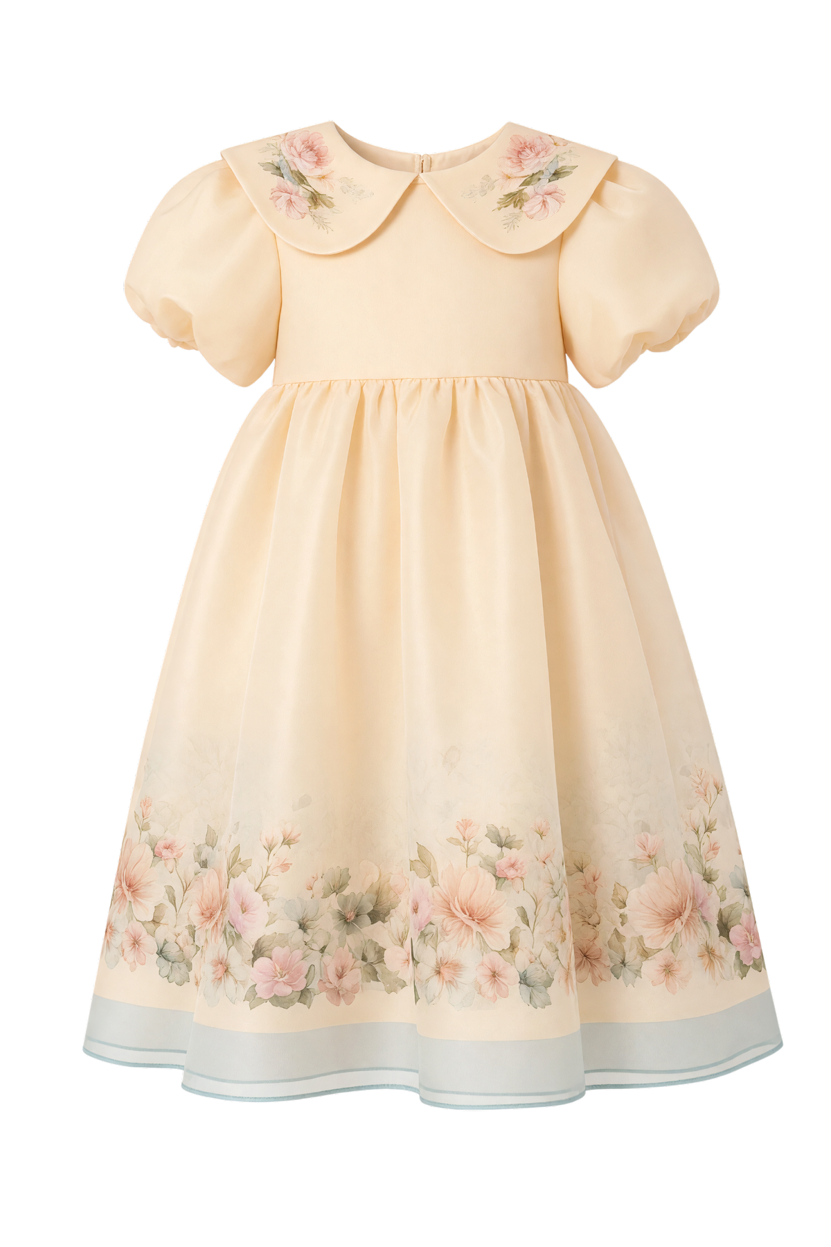 Cream floral organza midi dress with puff sleeves - product view