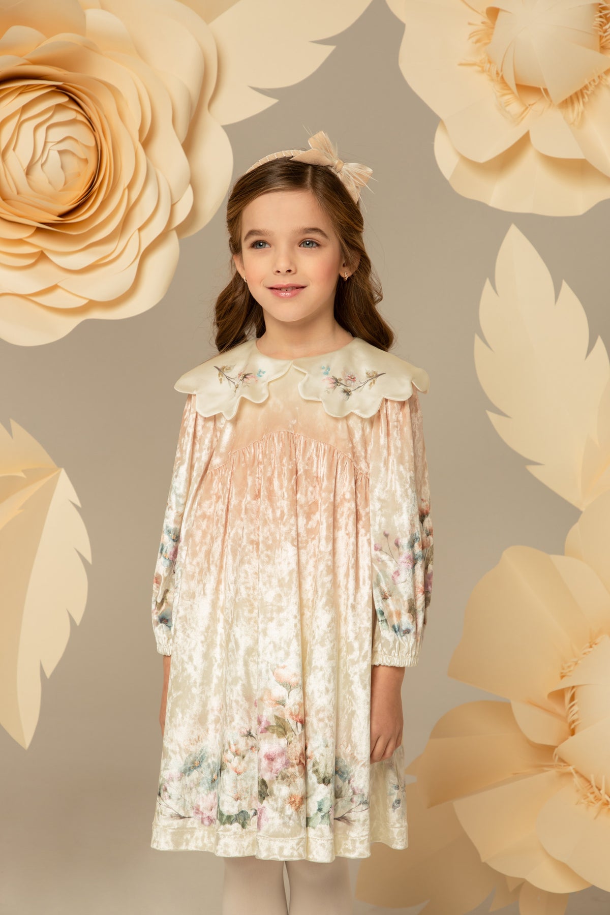Peach velvet floral dress with a scalloped collar