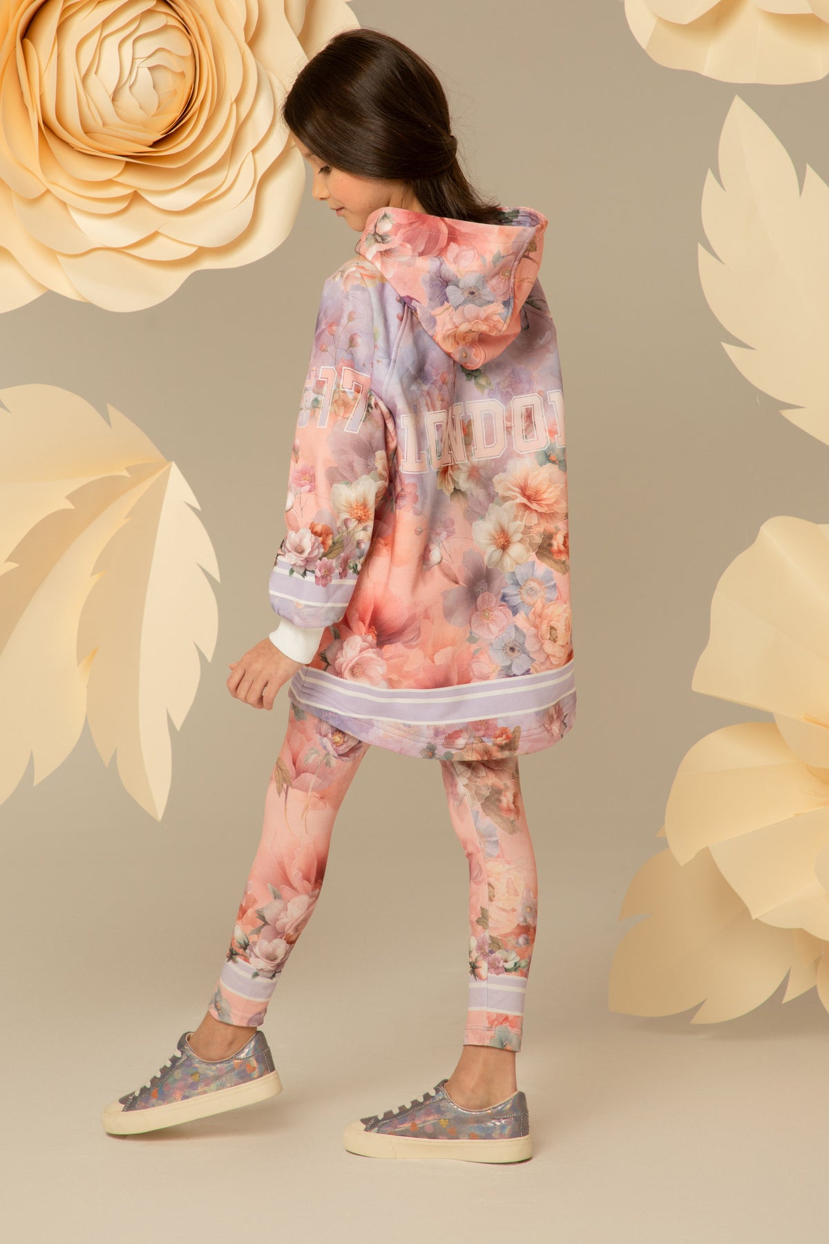 Back view of the floral leggings and striped cuffs