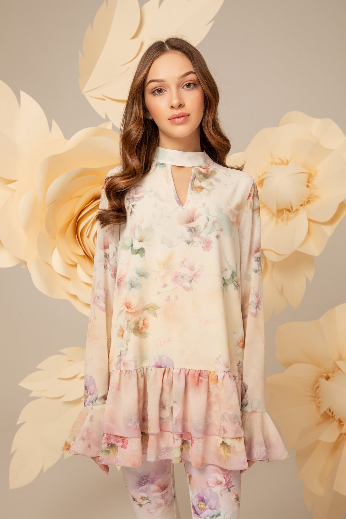 Watercolour floral tunic dress on a cream ground