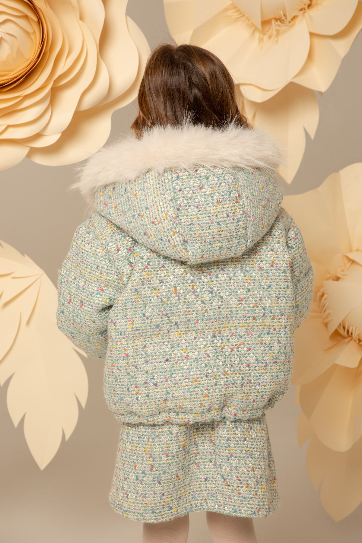 Back view of the mint blue tweed jacket