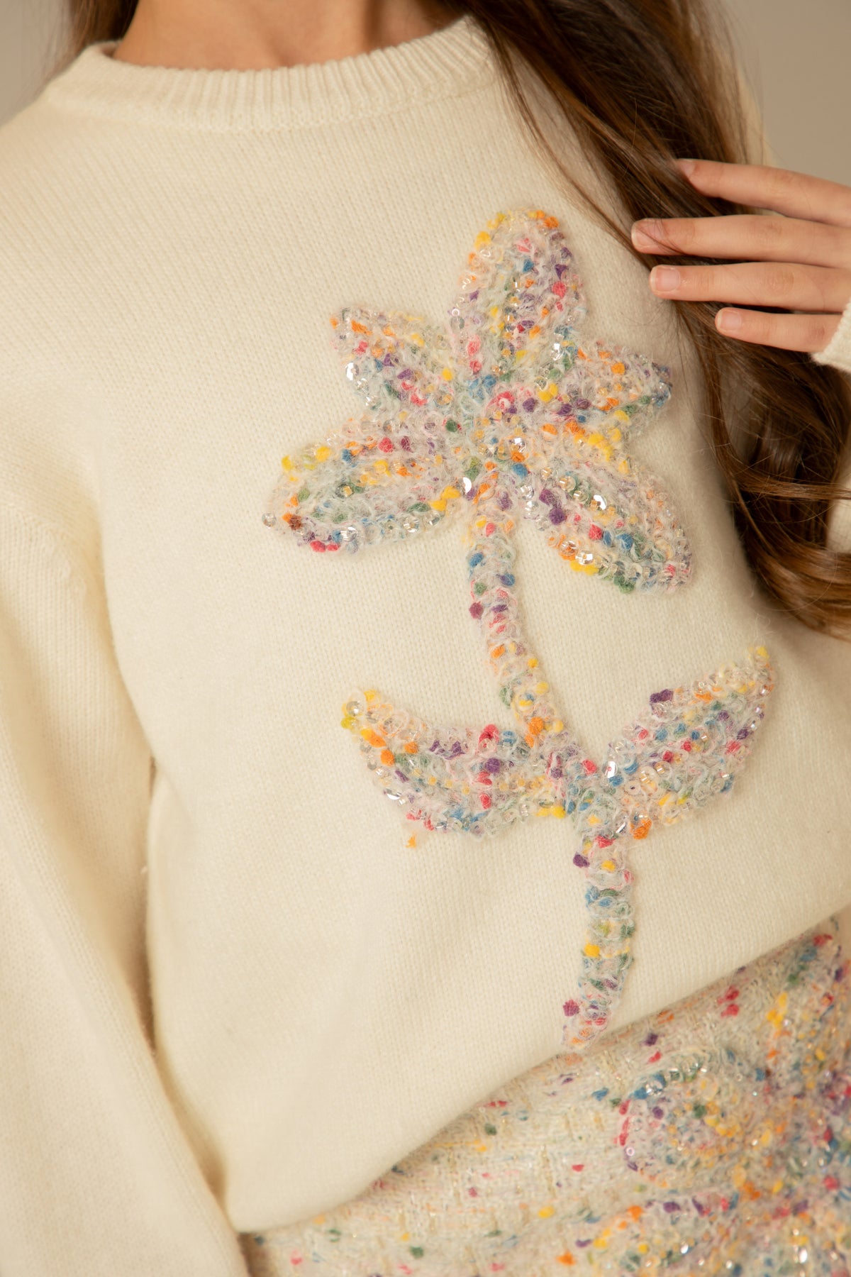 Close view of the boucle flower and sequins
