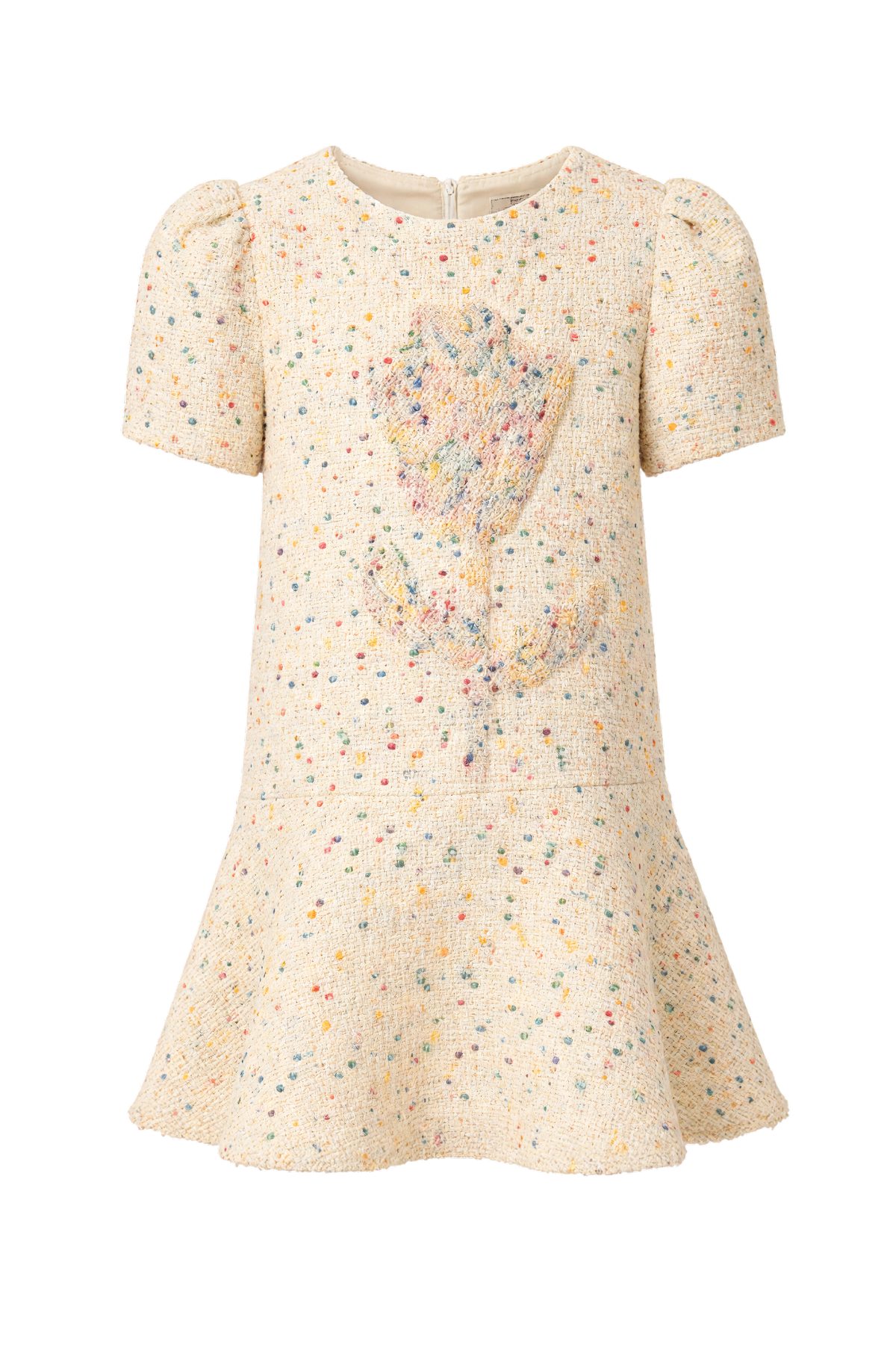 Cream tweed dress with puff sleeves and a flower appliqué - product view