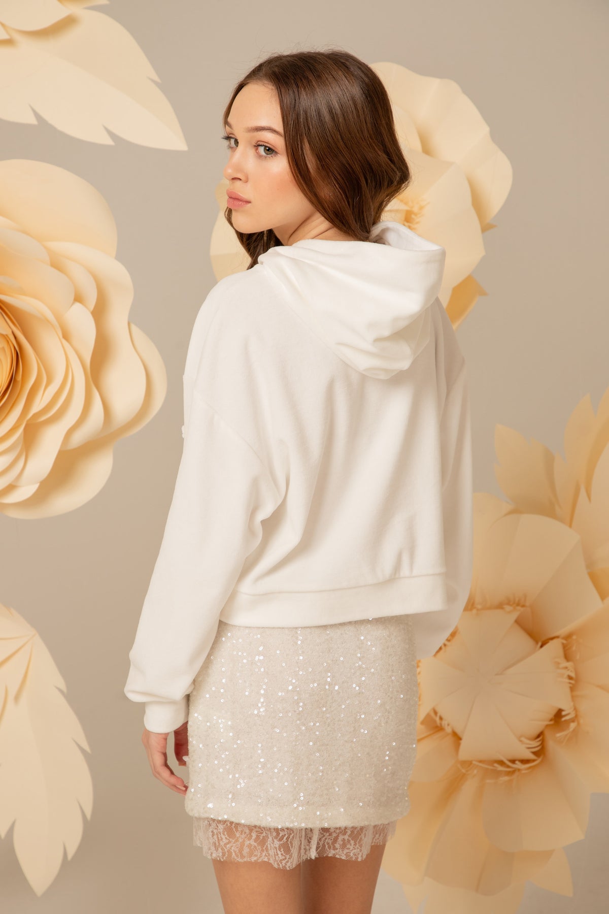 Back view of the sequin mini skirt