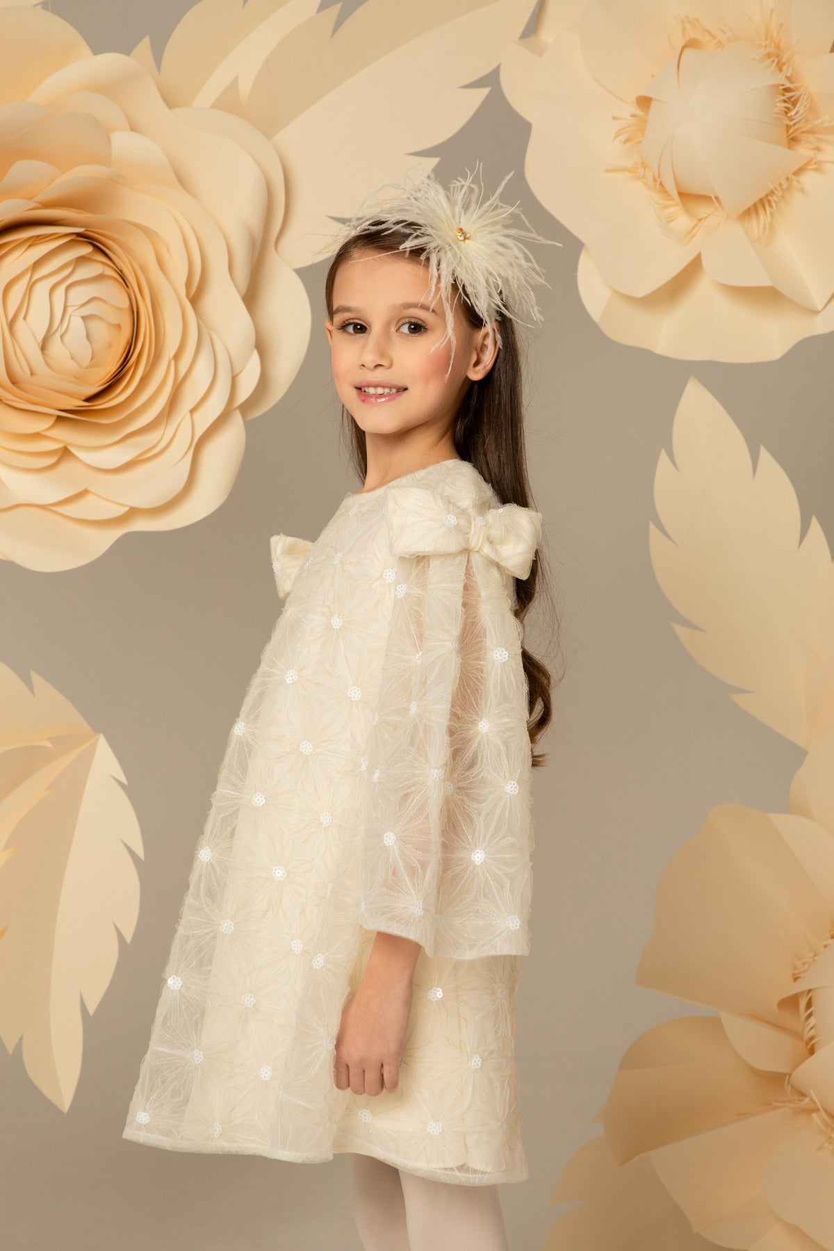 Ivory sequin lace dress with bows at the shoulders