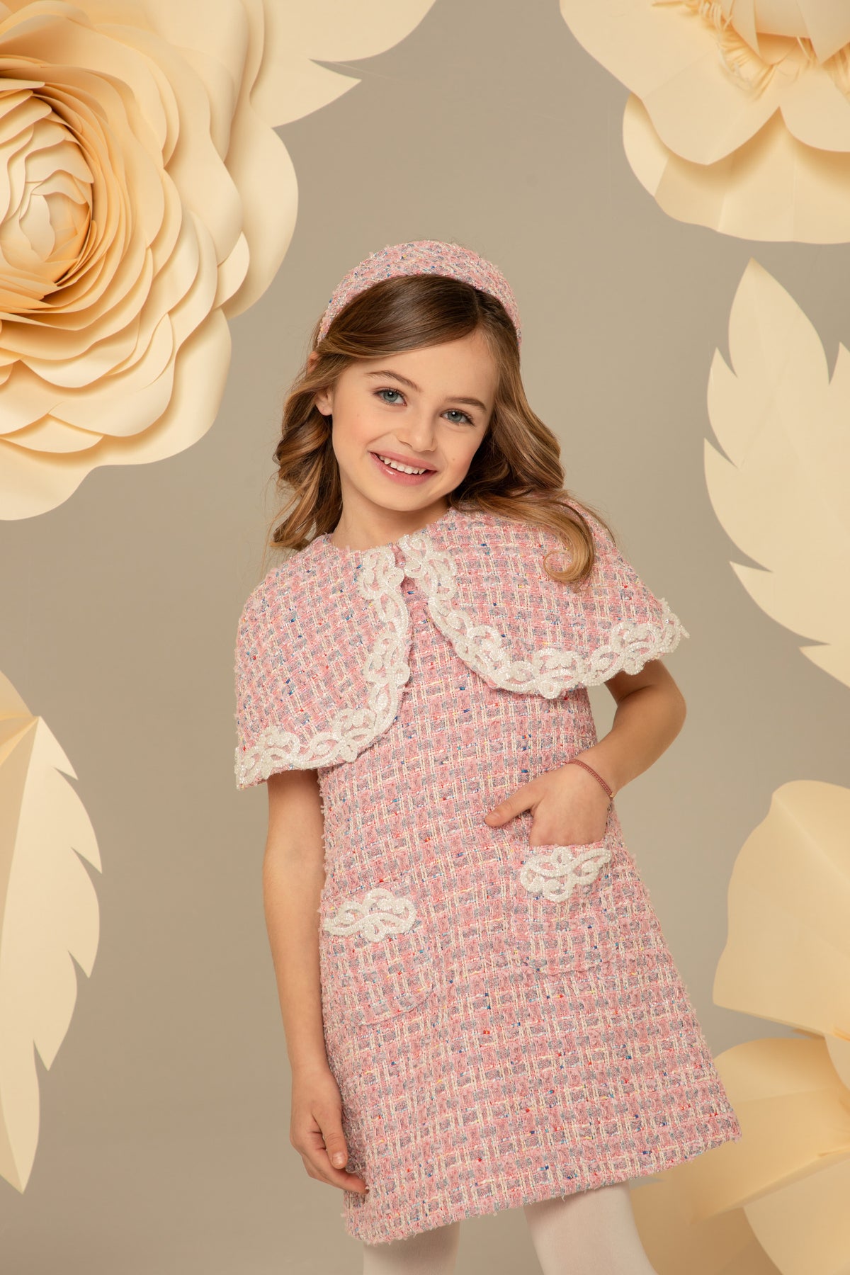 Pink tweed dress with cape collar and front pockets