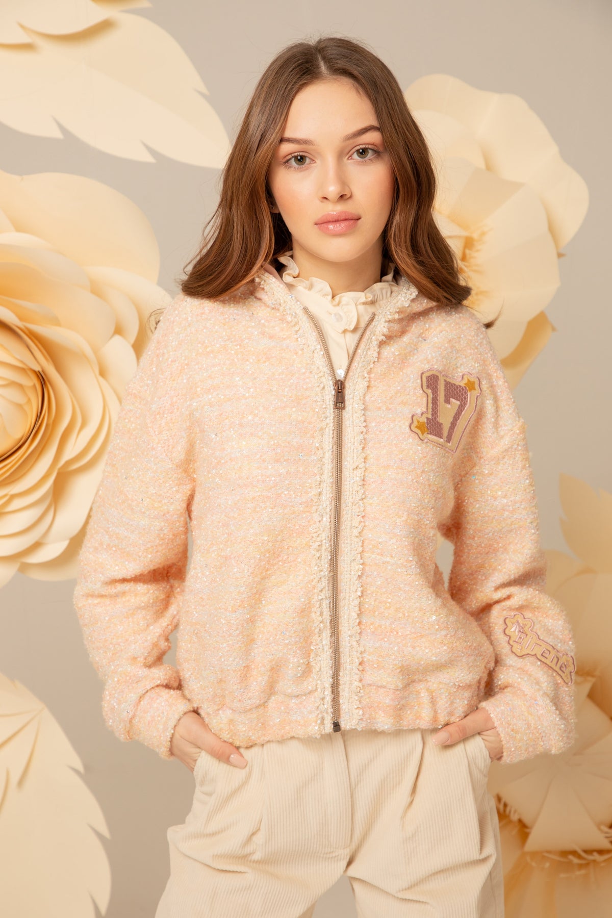 Peach tweed hoodie with embroidered patches