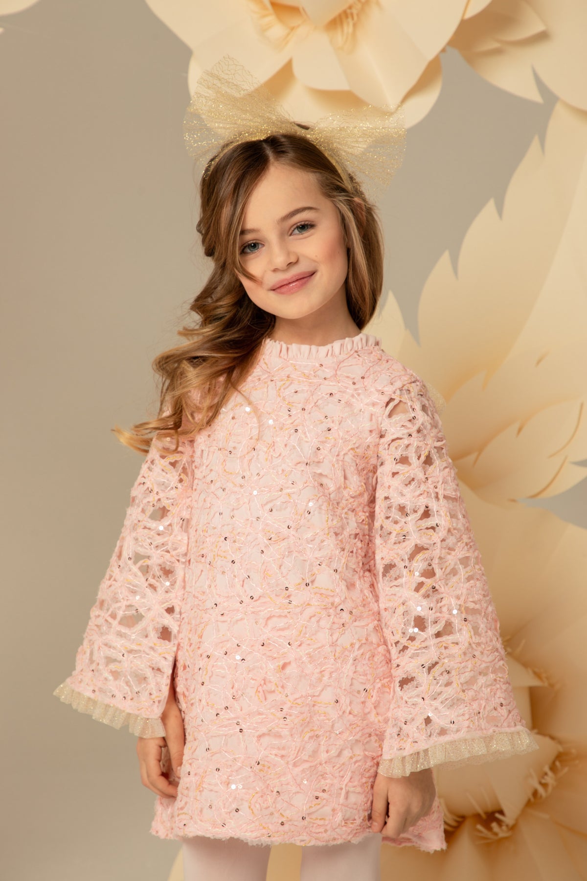 Pink lace dress with sequins and flared sleeves