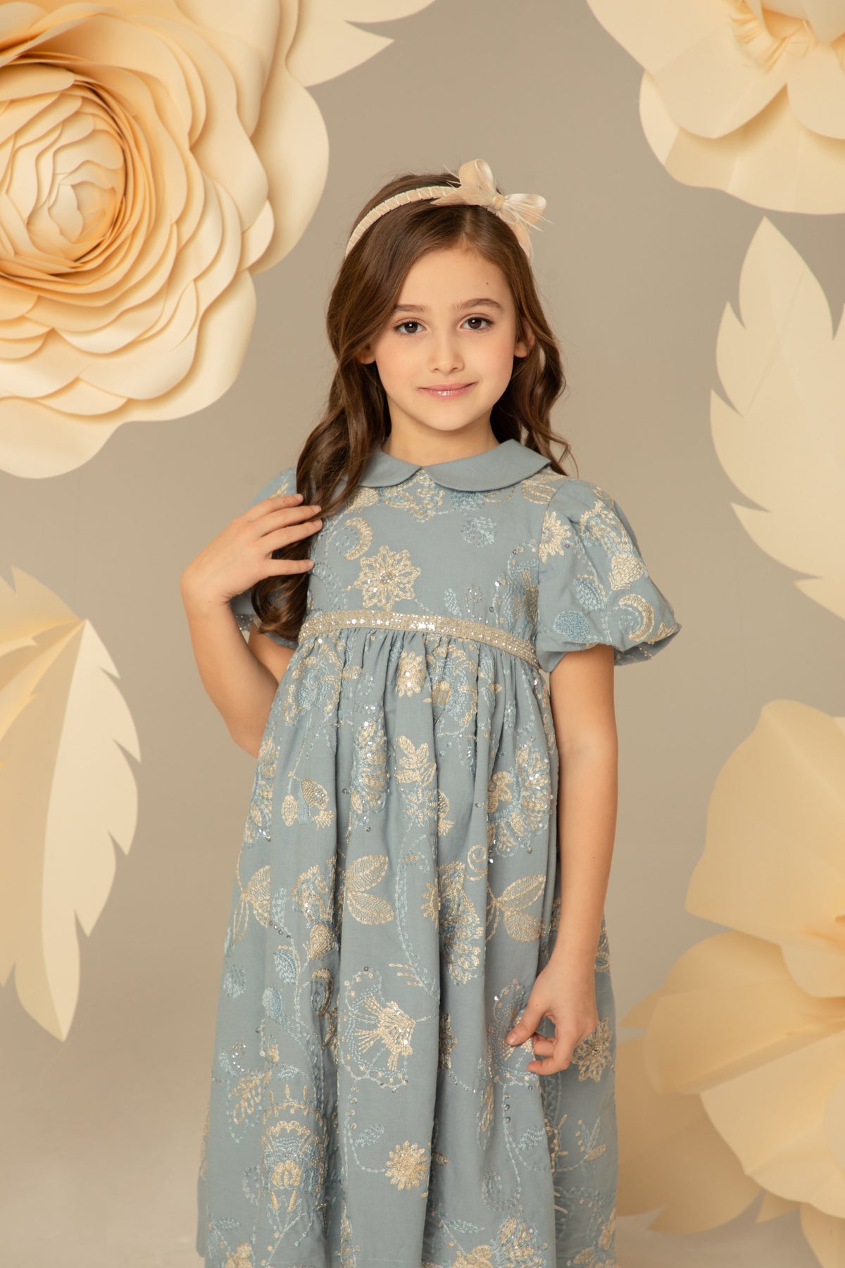 Powder blue A-line dress with puff sleeves