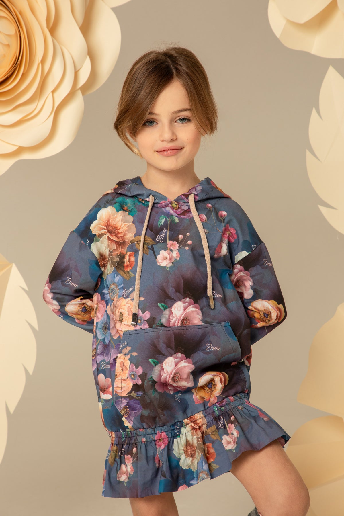 Blue floral tunic dress with a front pocket